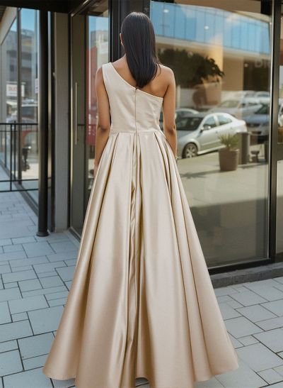 A-Line One-Shoulder Sleeveless Satin Floor-Length Prom Dress