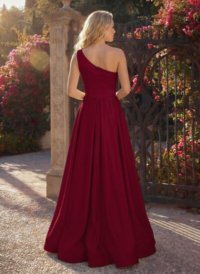 A-Line One-Shoulder Sleeveless Satin Floor-Length Prom Dress