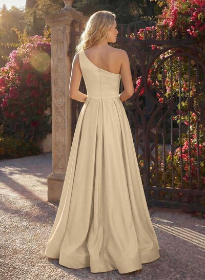 A-Line One-Shoulder Sleeveless Satin Floor-Length Prom Dress