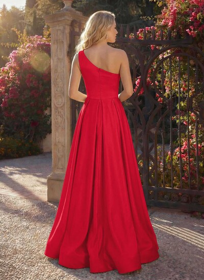 A-Line One-Shoulder Sleeveless Satin Floor-Length Prom Dress