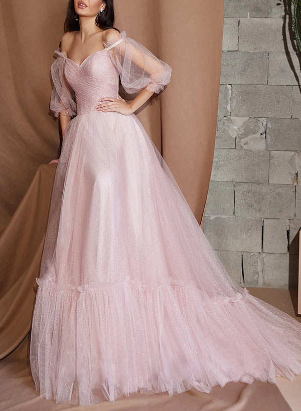A-Line Sweetheart Sweep Train Tulle Prom Dress
