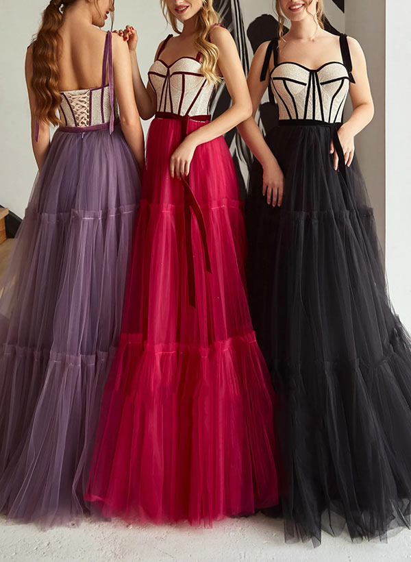 A-Line Sweetheart Neckline Floor Length Tulle Prom Dress