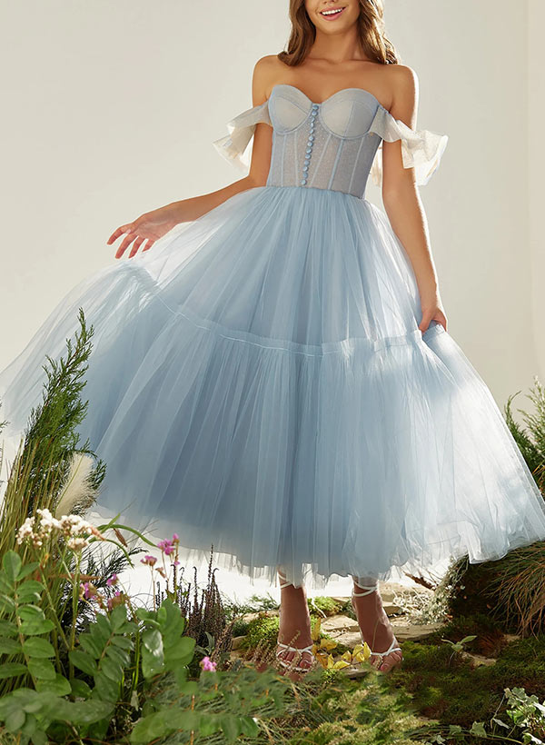 A-Line Sweetheart Neckline Tea Length Tulle Ruffle Sleeve Prom Dress