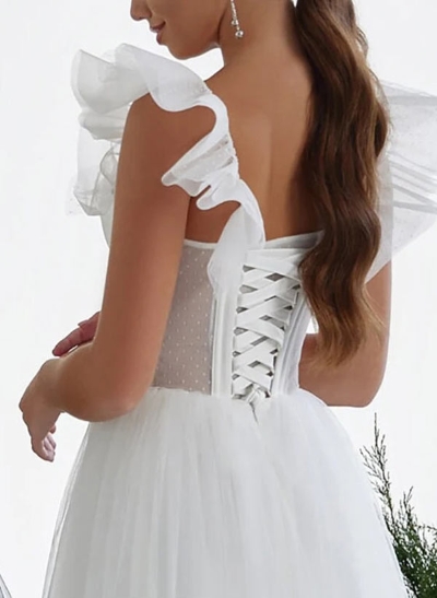 A-Line Sweetheart Neckline Tea Length Tulle Ruffle Sleeve Prom Dress