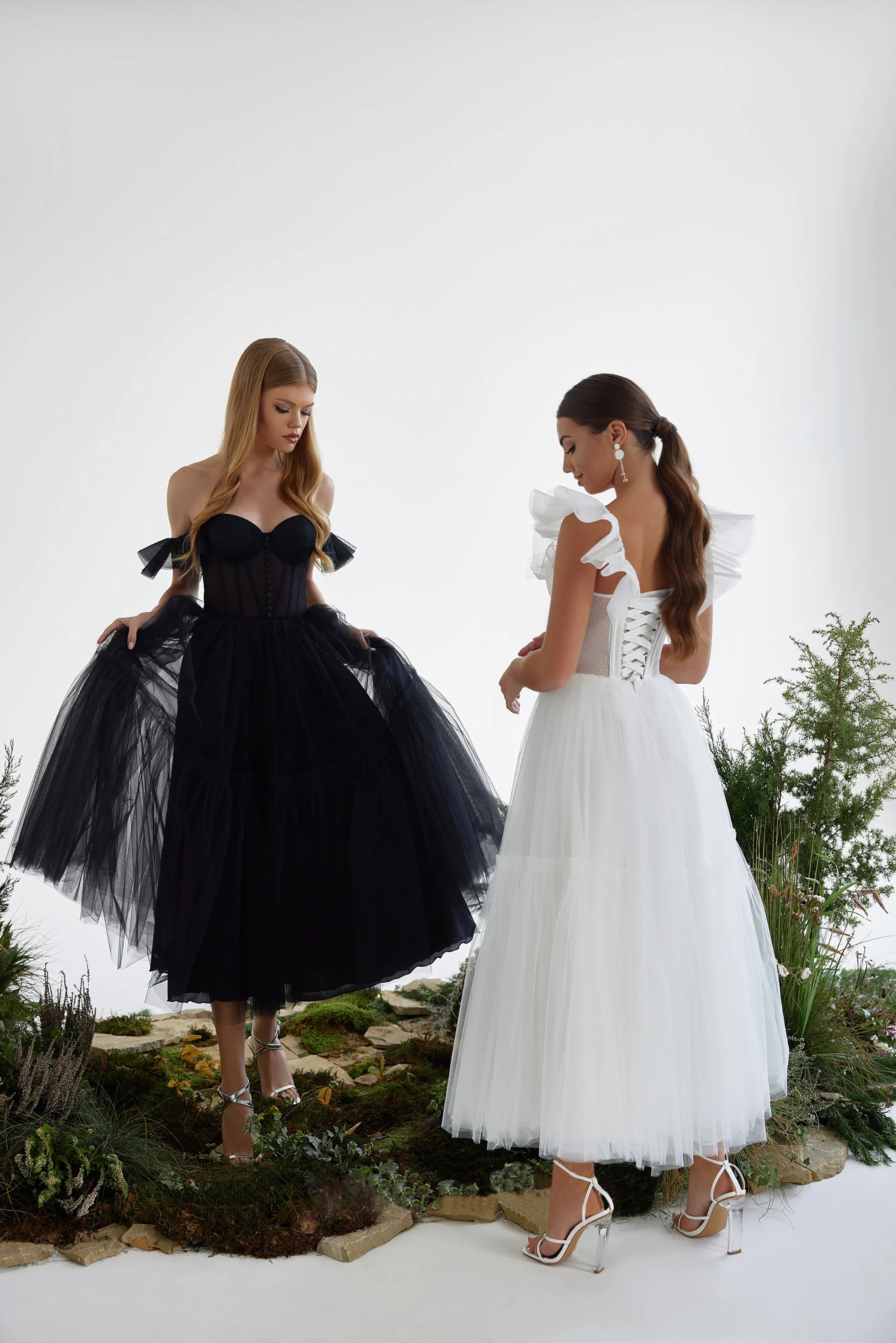 A-Line Sweetheart Neckline Tea Length Tulle Ruffle Sleeve Prom Dress