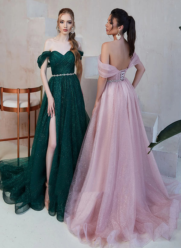A-Line Sweetheart Floor Length Tulle Prom Dress With Rhinestone