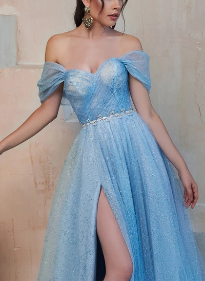 A-Line Sweetheart Floor Length Tulle Prom Dress With Rhinestone