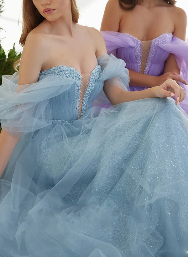 A-Line Sweetheart Floor Length Tulle Prom Dress With Rhinestone