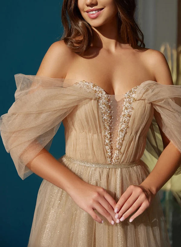 A-Line Sweetheart Floor Length Tulle Prom Dress With Rhinestone