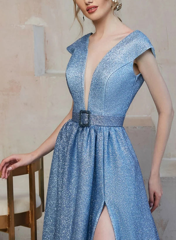 A-Line V Neck Sweep Train Tulle Prom Dress With Split Front