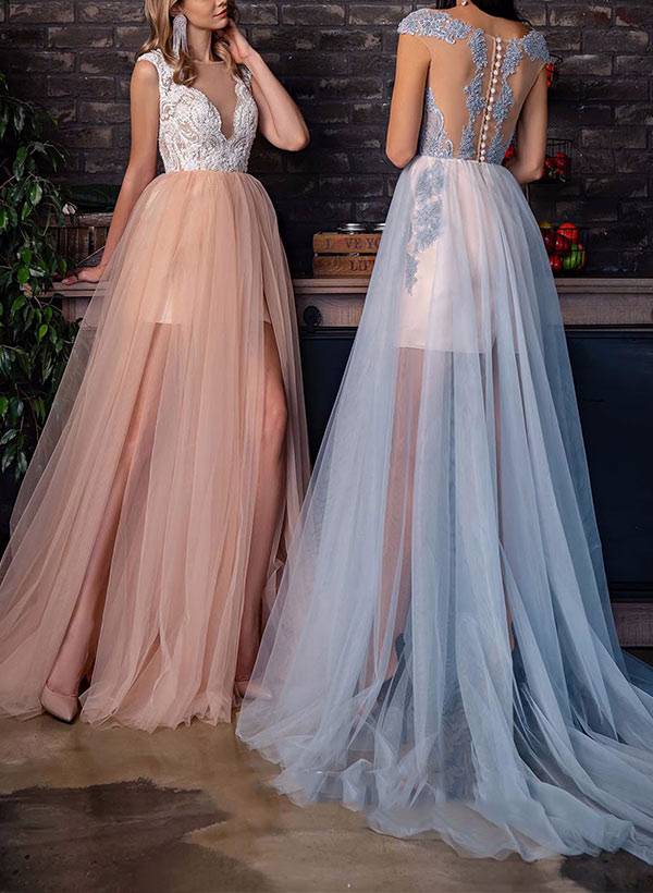 A-Line V Neck Sweep Train Tulle Prom Dress With Split Front Lace