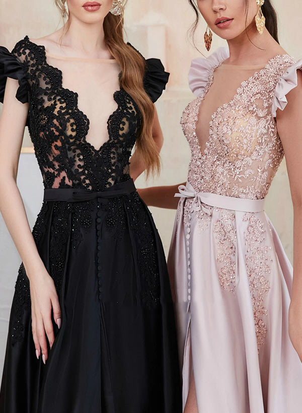 A-Line V Neck Sweep Train Lace Prom Dress With Split Front