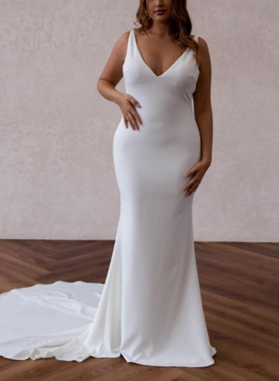Trumpet/Mermaid V-Neck Sleeveless Elastic Satin Court Train Wedding Dress