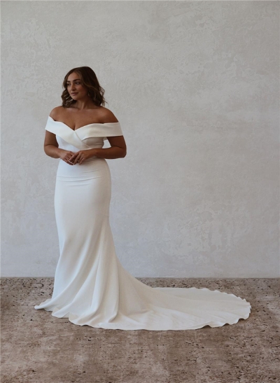 Trumpet/Mermaid Off-The-Shoulder Sleeveless Satin Sweep Train Wedding Dress