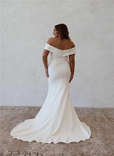 Trumpet/Mermaid Off-The-Shoulder Sleeveless Satin Sweep Train Wedding Dress
