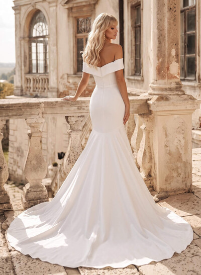 Trumpet/Mermaid Off-The-Shoulder Sleeveless Satin Sweep Train Wedding Dress