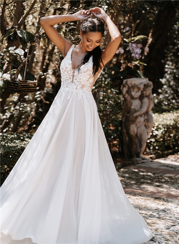 A-Line V-neck Sleeveless Chiffon Sweep Train Wedding Dress With Lace