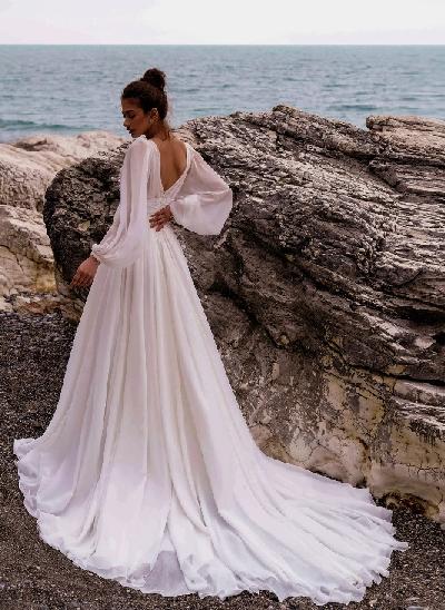 A-Line V-Neck Long Sleeves Chiffon Lace Court Train Wedding Dress