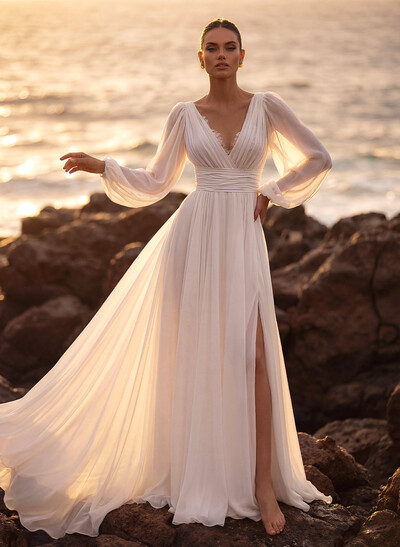 A-Line V-Neck Long Sleeves Chiffon Lace Court Train Wedding Dress