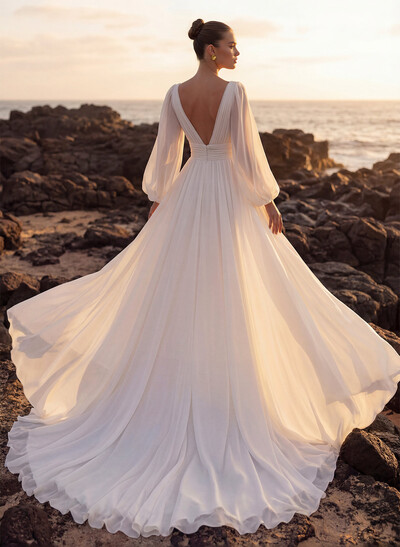 A-Line V-Neck Long Sleeves Chiffon Lace Court Train Wedding Dress