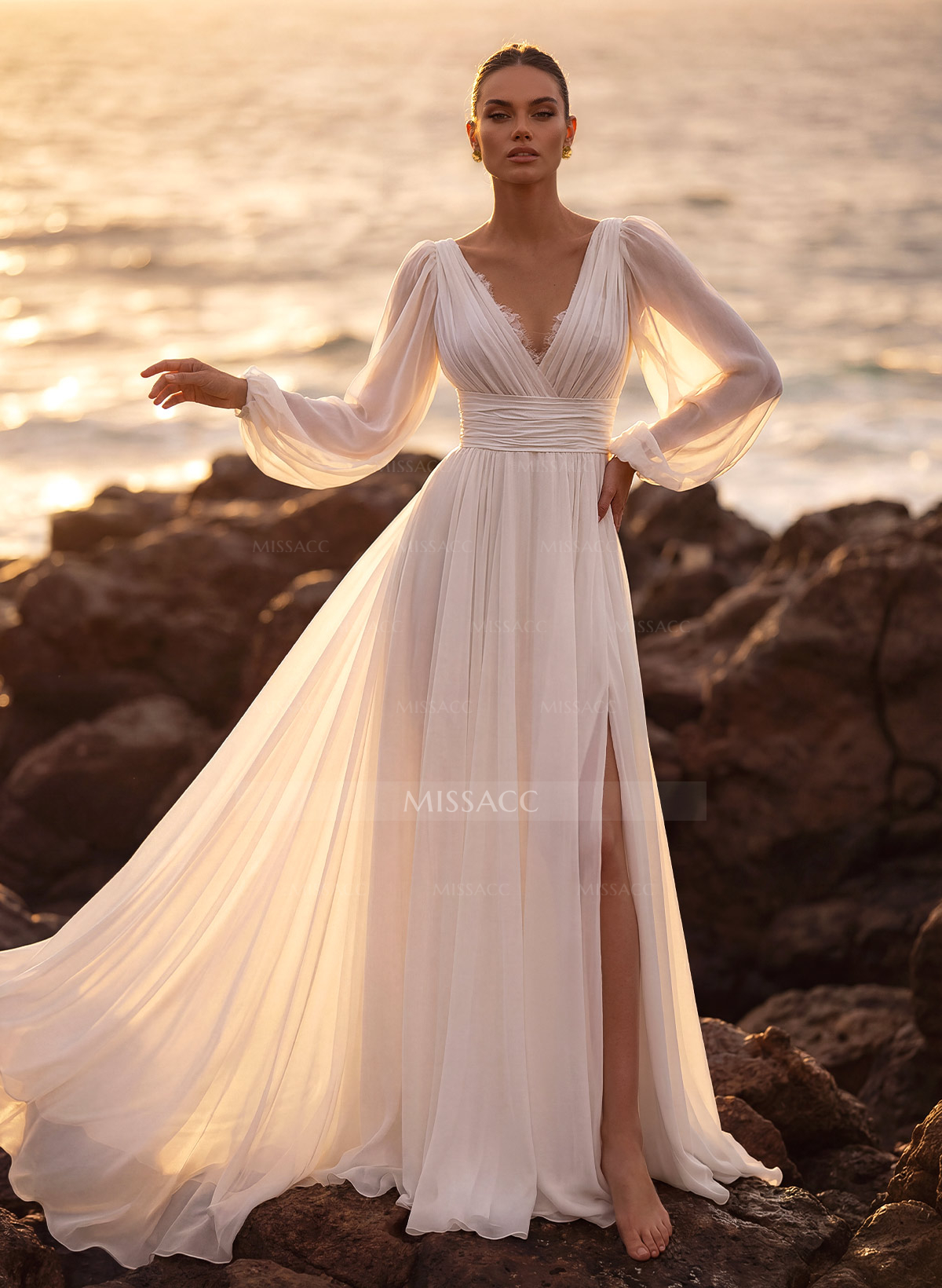 A-Line V-Neck Long Sleeves Chiffon Lace Court Train Wedding Dress