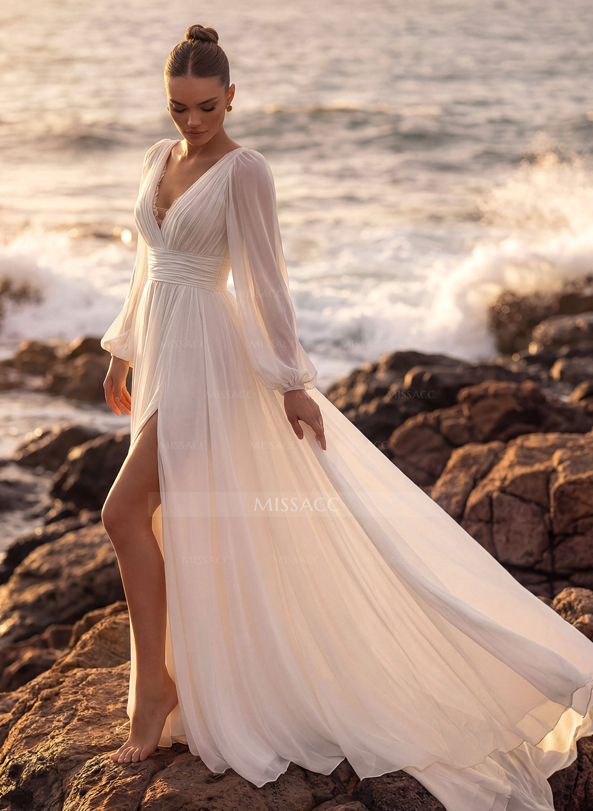 A-Line V-Neck Long Sleeves Chiffon Lace Court Train Wedding Dress