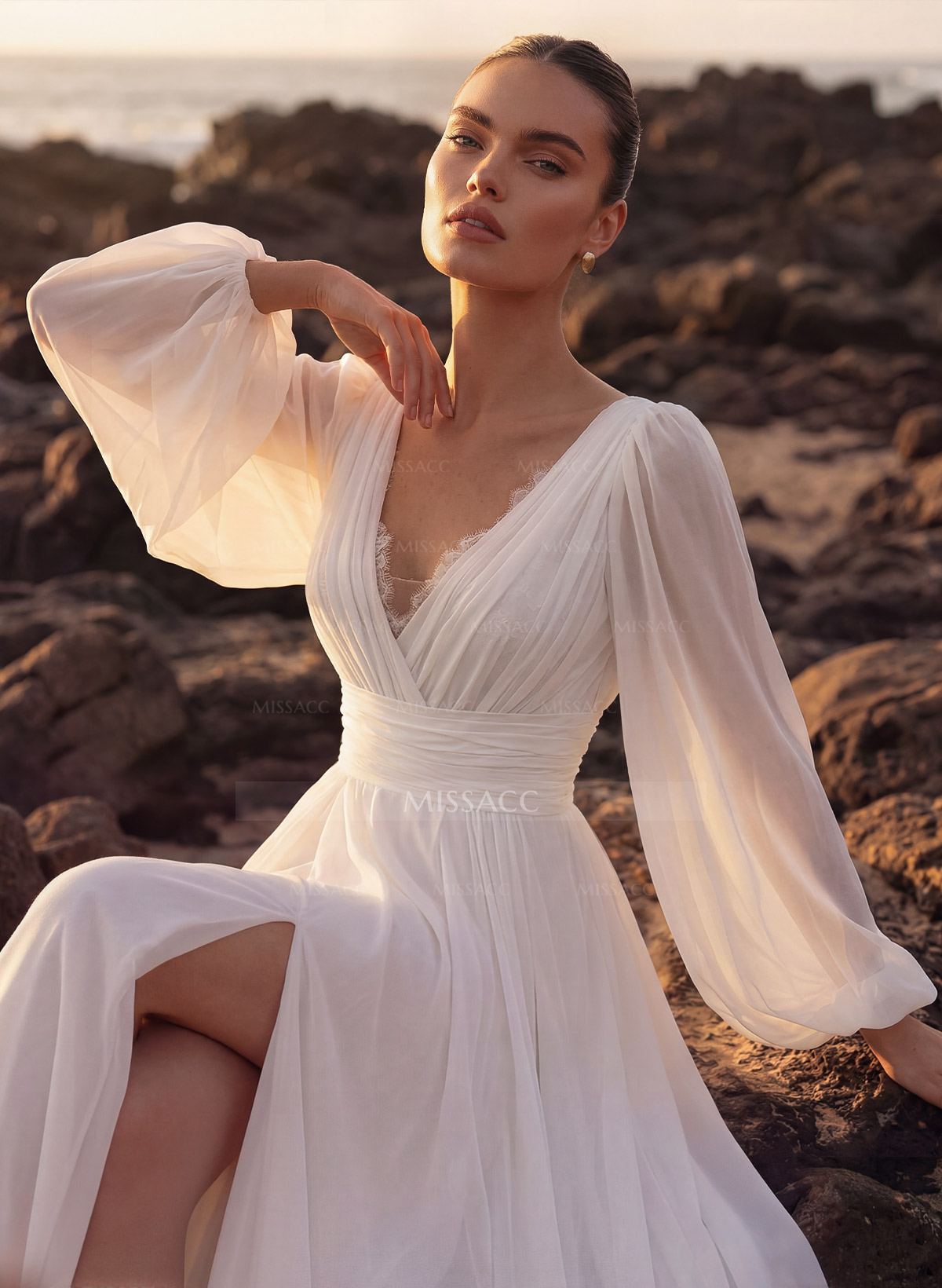 A-Line V-Neck Long Sleeves Chiffon Lace Court Train Wedding Dress