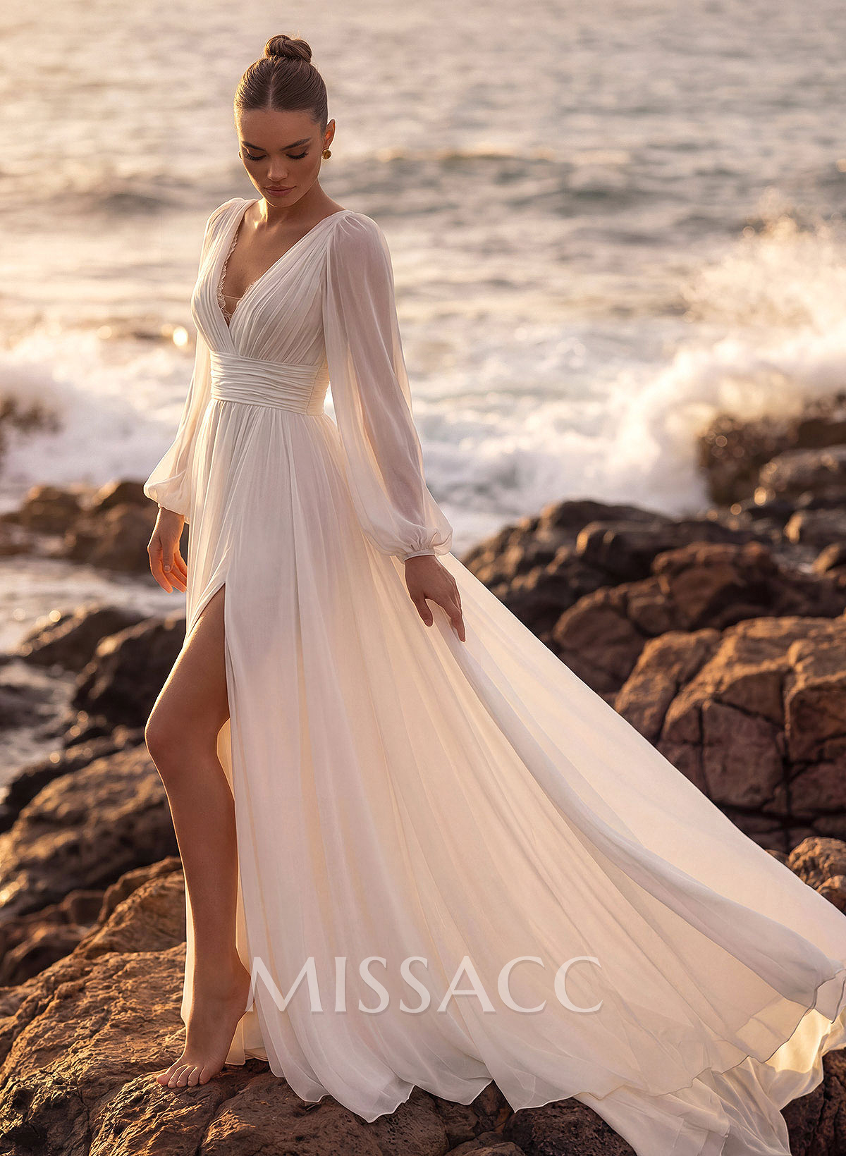 A-Line V-Neck Long Sleeves Chiffon Lace Court Train Wedding Dress A-Line V-Neck Long Sleeves Chiffon Lace Court Train Wedding Dress