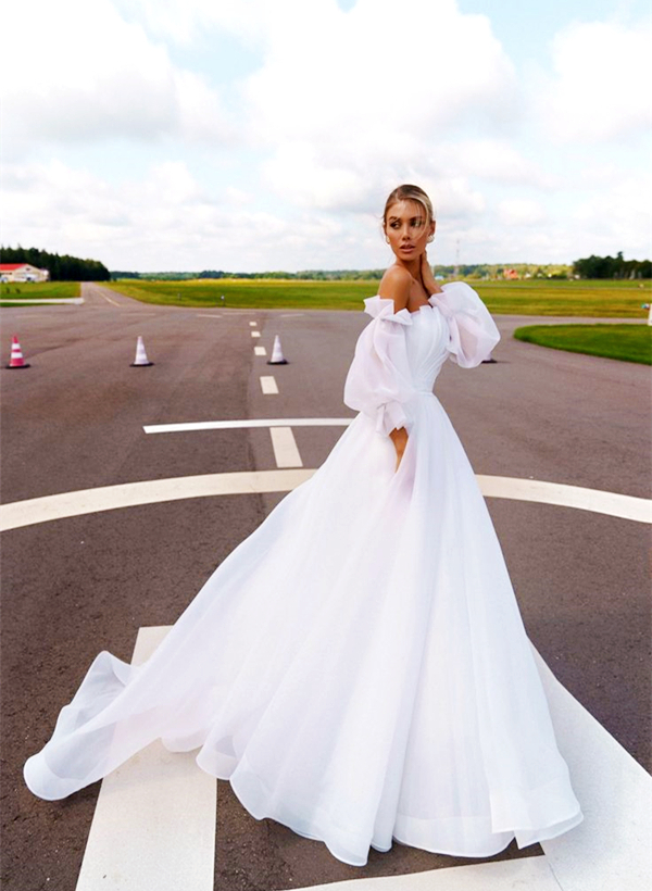 Ball-Gown Square Neckline Long Sleeves Organza Sweep Train Wedding Dress With Ruffle