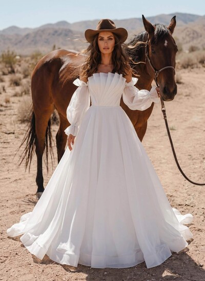 Ball-Gown Square Neckline Long Sleeves Organza Sweep Train Wedding Dress With Ruffle