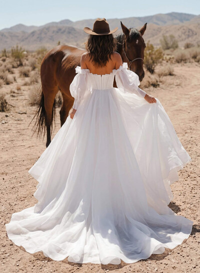 Ball-Gown Square Neckline Long Sleeves Organza Sweep Train Wedding Dress With Ruffle