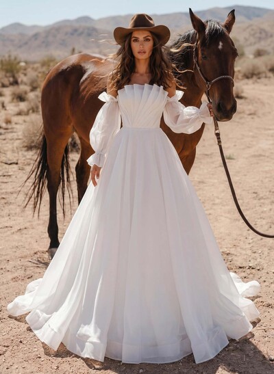 Ball-Gown Square Neckline Long Sleeves Organza Sweep Train Wedding Dress With Ruffle