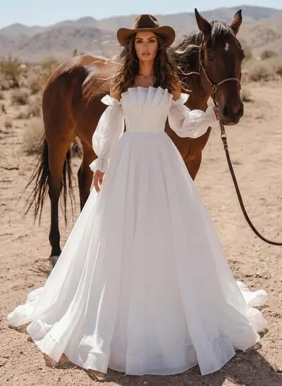 Ball-Gown Square Neckline Long Sleeves Organza Sweep Train Wedding Dress With Ruffle