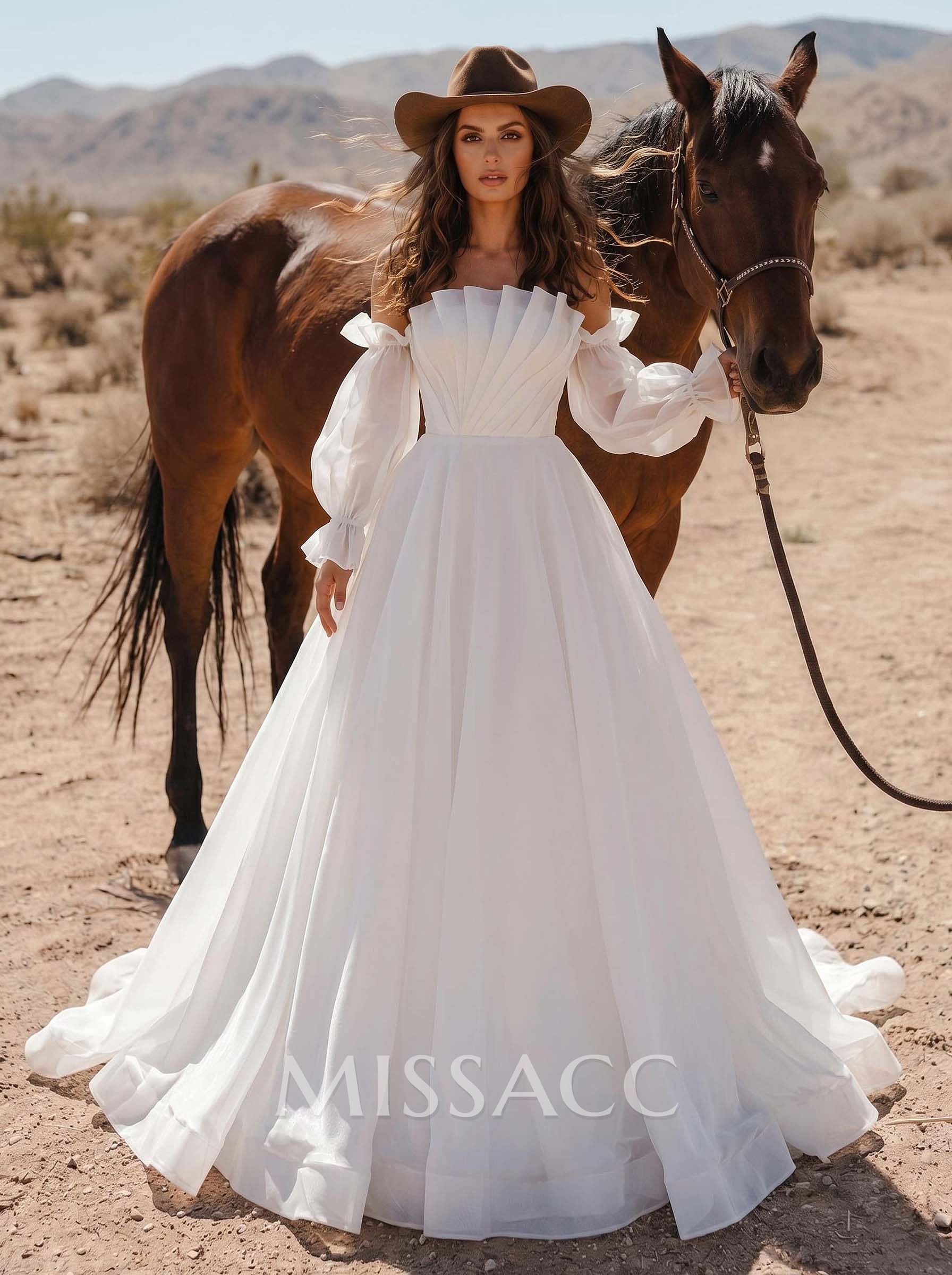 Ball-Gown Square Neckline Long Sleeves Organza Sweep Train Wedding Dress With Ruffle Ball-Gown Square Neckline Long Sleeves Organza Sweep Train Wedding Dress With Ruffle