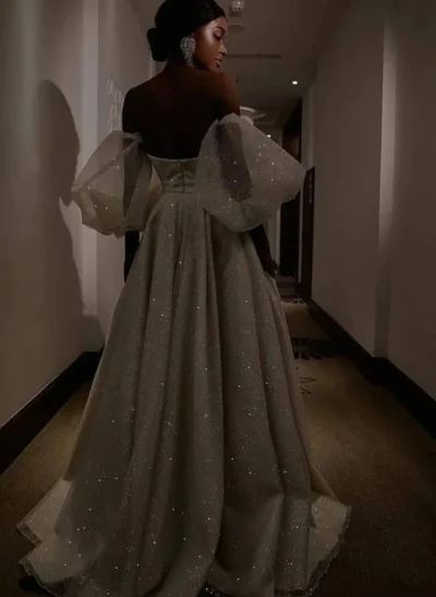 A-Line Sweetheart Short Sleeves Sequined Sweep Train Wedding Dress