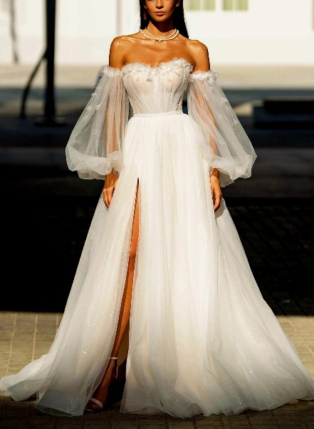 A-Line Off-The-Shoulder Long Sleeves Tulle Sweep Train Wedding Dress With Sequins Flower(s)