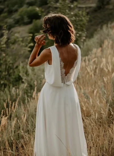 A-Line V-Neck Sleeveless Chiffon Lace Sweep Train Wedding Dress