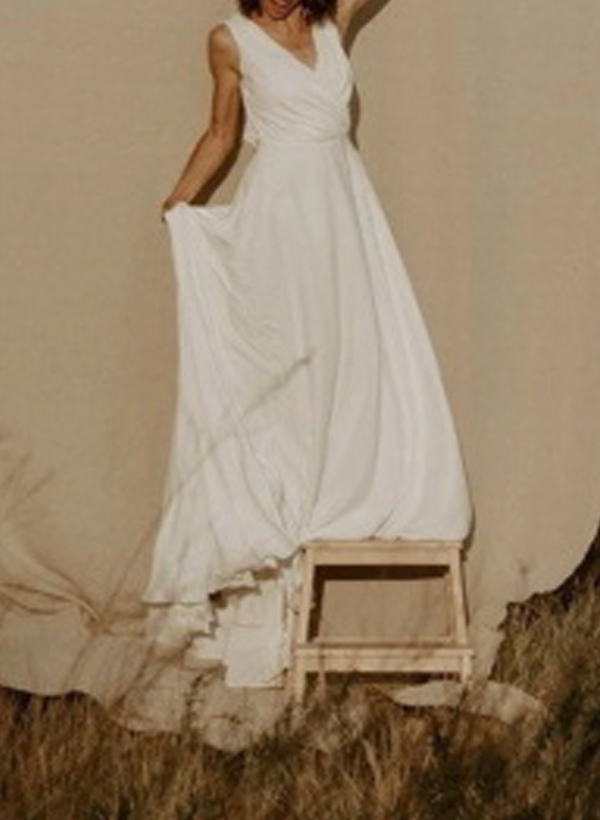 A-Line V-Neck Sleeveless Chiffon Lace Sweep Train Wedding Dress