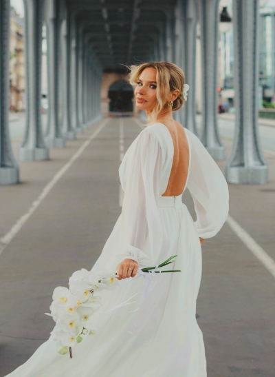 A-Line Scoop Neck Long Sleeves Chiffon Floor-Length Wedding Dress