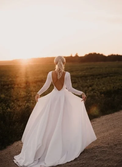 A-Line Scoop Neck Long Sleeves Satin Sweep Train Wedding Dress 