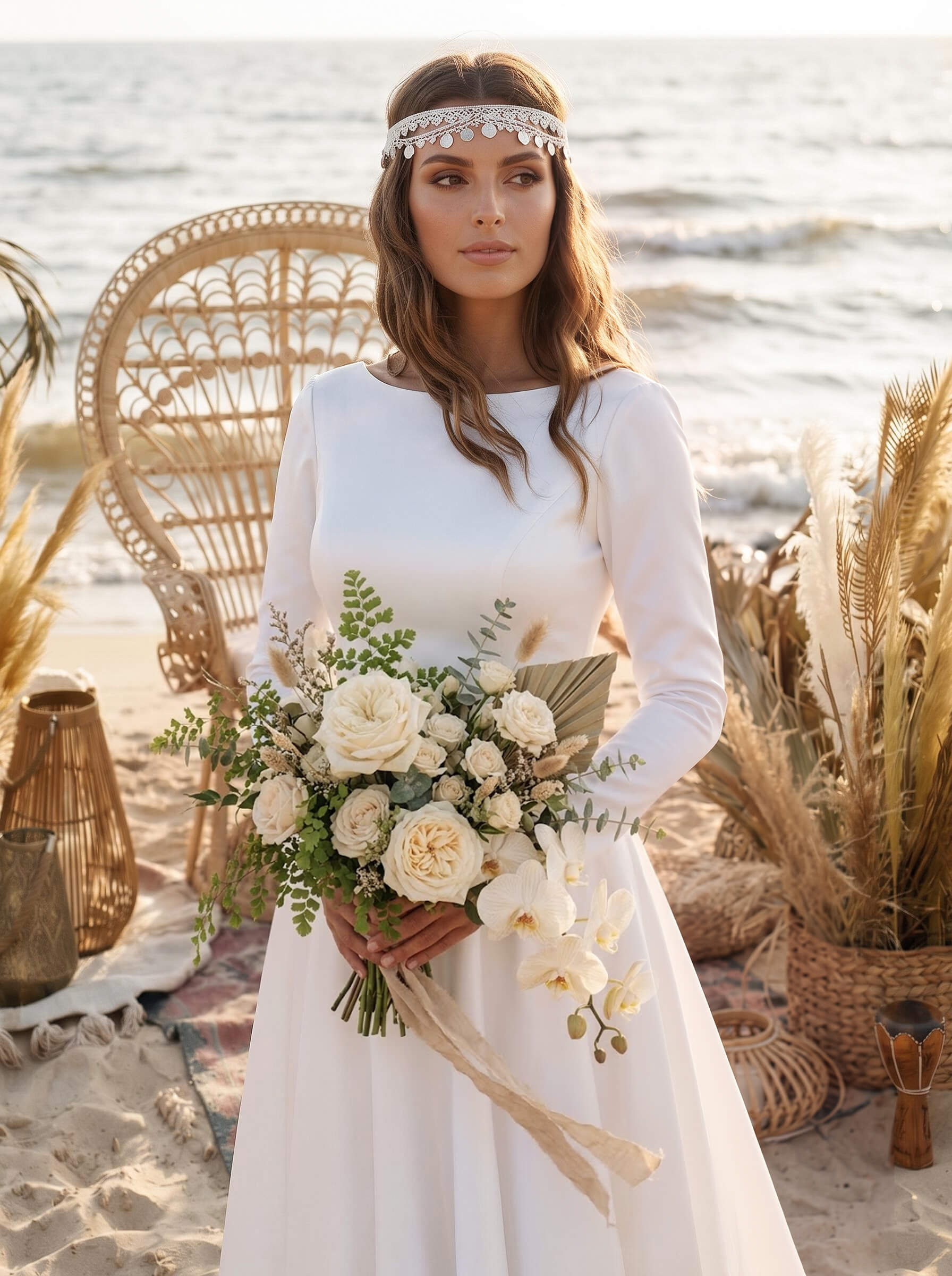 A-Line Scoop Neck Long Sleeves Satin Sweep Train Wedding Dress