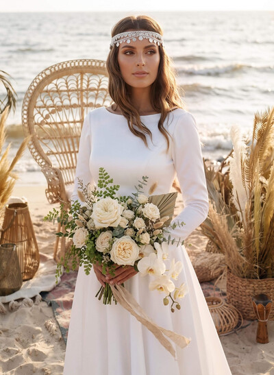 A-Line Scoop Neck Long Sleeve Satin Bridal Dress With Sweep Train