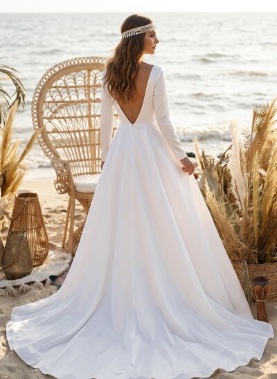 A-Line Scoop Neck Long Sleeve Satin Bridal Dress With Sweep Train
