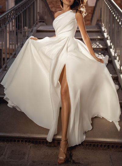 A-Line One-Shoulder Sleeveless Organza Sweep Train Wedding Dress