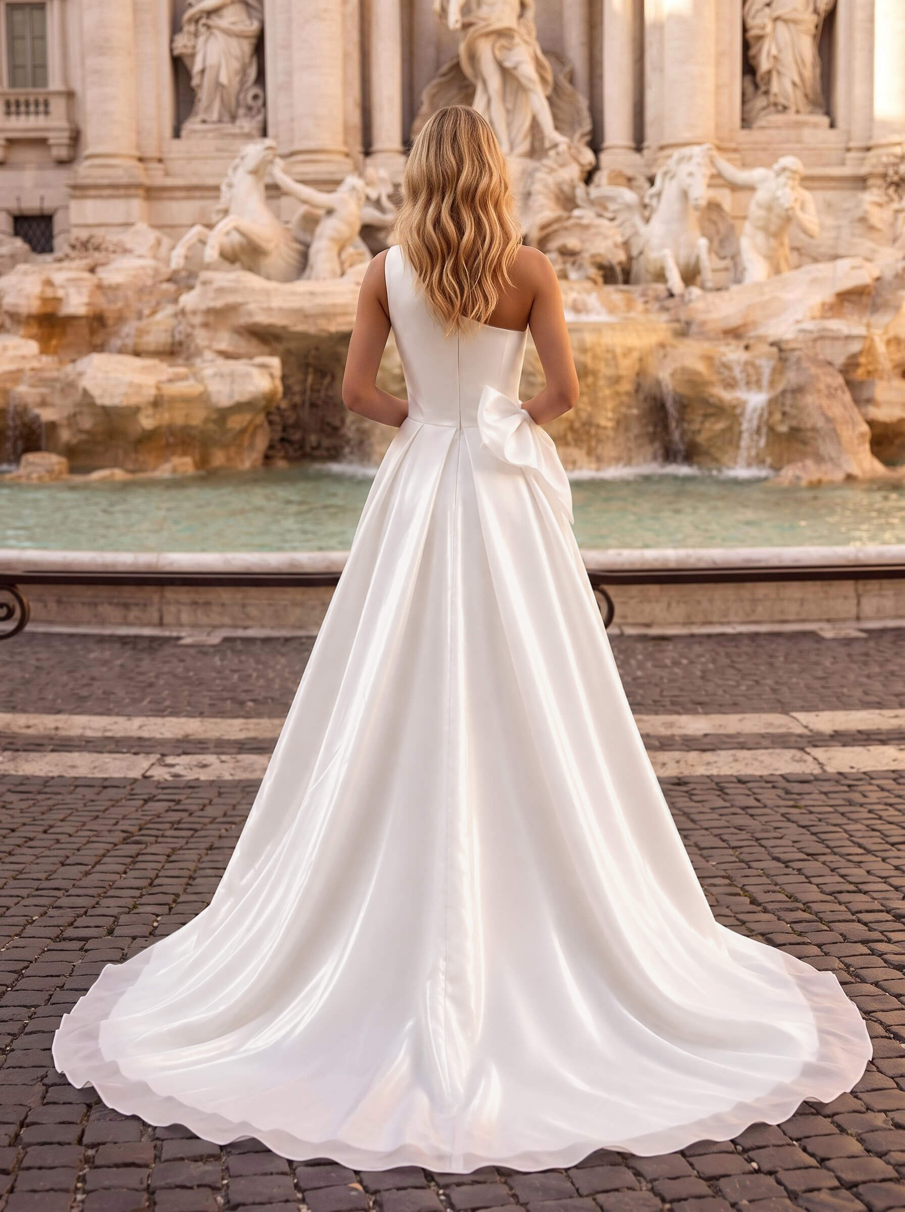 A-Line One-Shoulder Sleeveless Organza Sweep Train Wedding Dress
