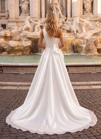 A-Line One-Shoulder Sleeveless Organza Sweep Train Wedding Dress