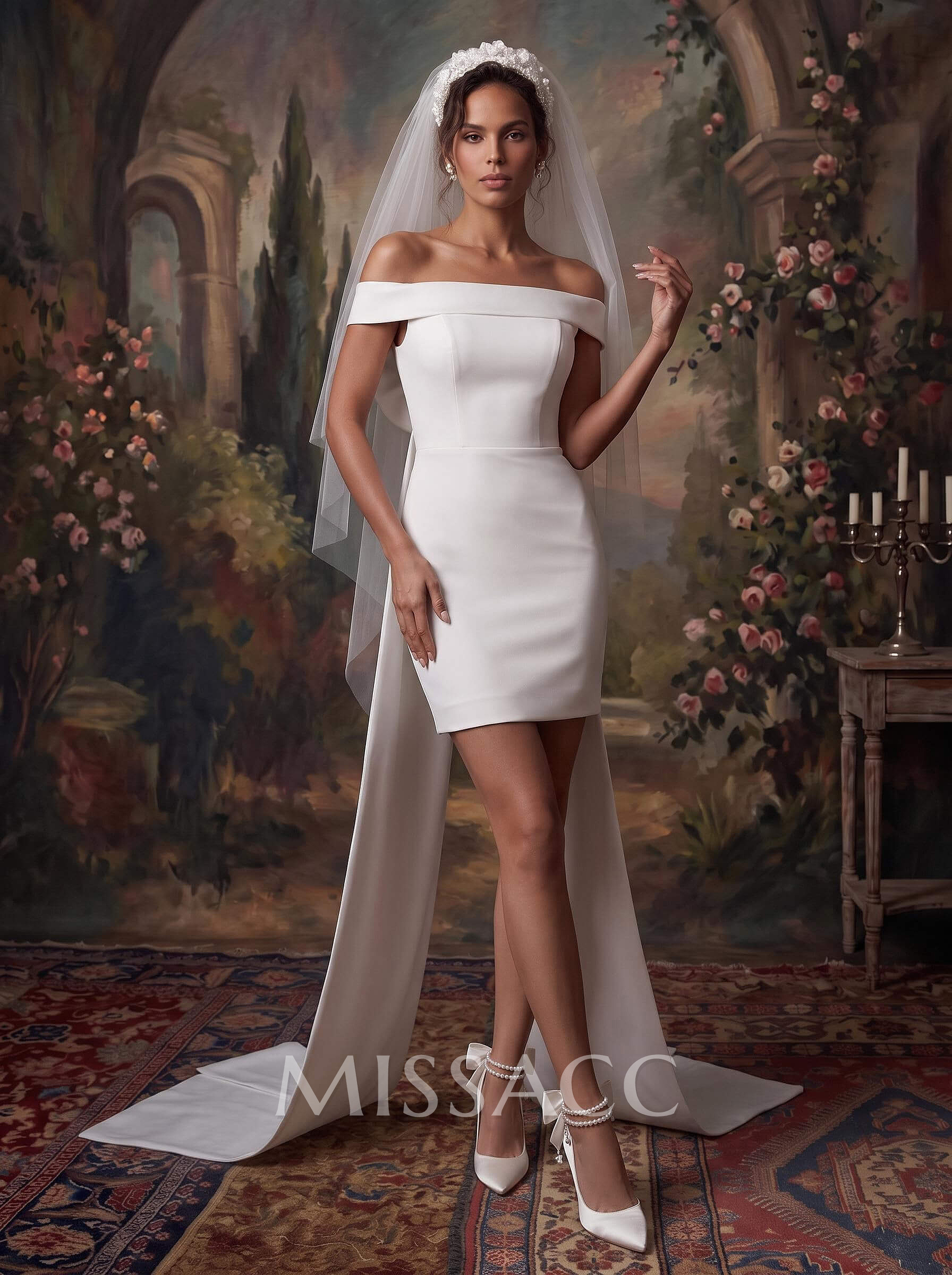 Sheath/Column Off-The-Shoulder Sleeveless Short/Mini Satin Wedding Dresses With Bow