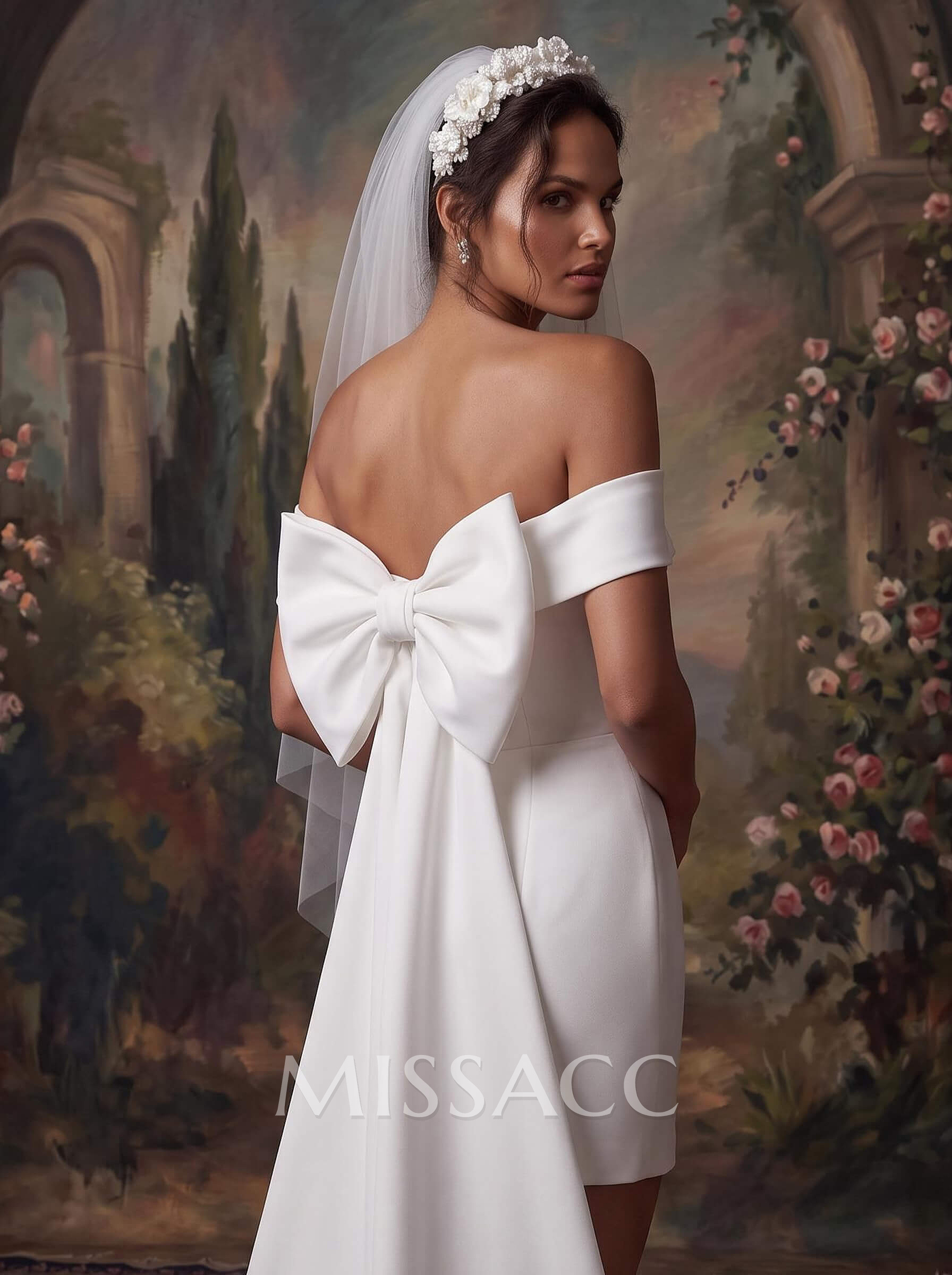 Sheath/Column Off-The-Shoulder Sleeveless Short/Mini Satin Wedding Dresses With Bow