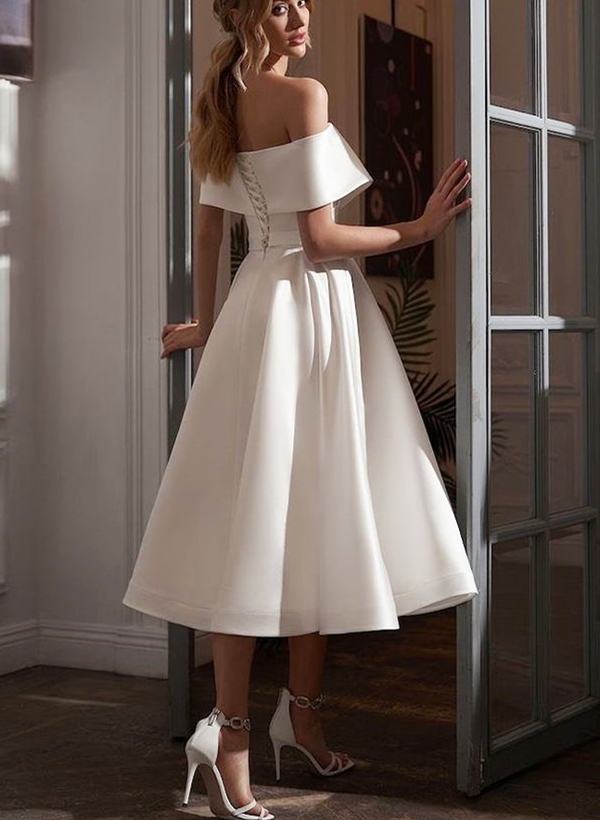 A-Line Off-the-Shoulder Sleeveless Satin Tea-Length Wedding Dress 