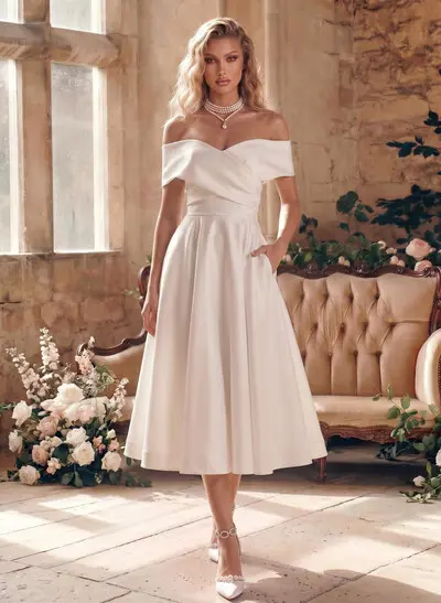off the shoulder tea length wedding dress Missacc Ivory Bride A-Line Off-The-Shoulder Sleeveless Satin Tea-Length Sequin Sleeve Off-the-Shoulder Ivory Lace Tea Length
